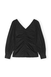 Cotton Poplin V-Neck Blouse | Black