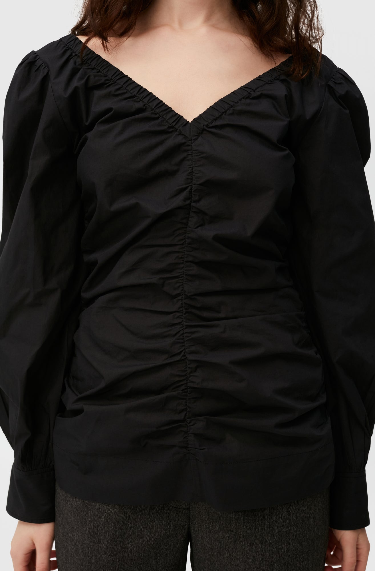 Cotton Poplin V-Neck Blouse | Black