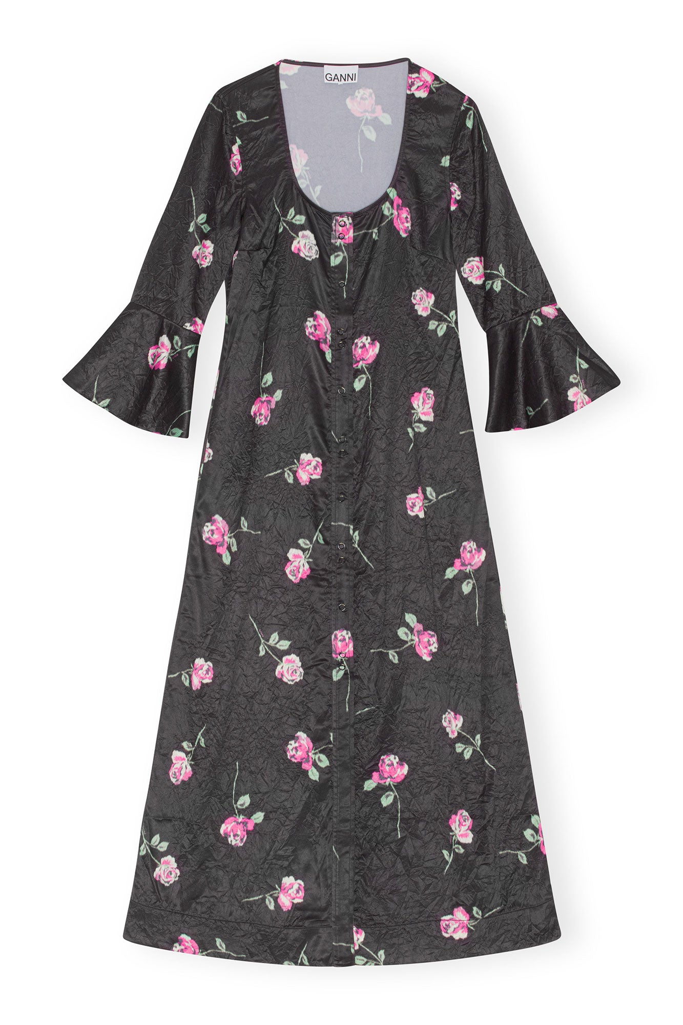 Crinkled Satin U-neck Long Dress | Black