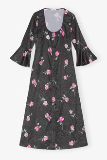 Crinkled Satin U-neck Long Dress | Black