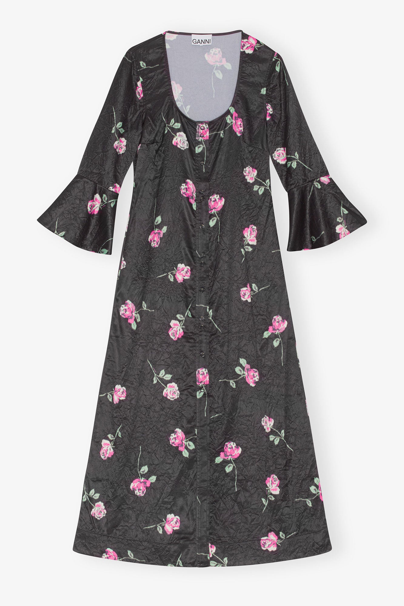 Crinkled Satin U-neck Long Dress | Black