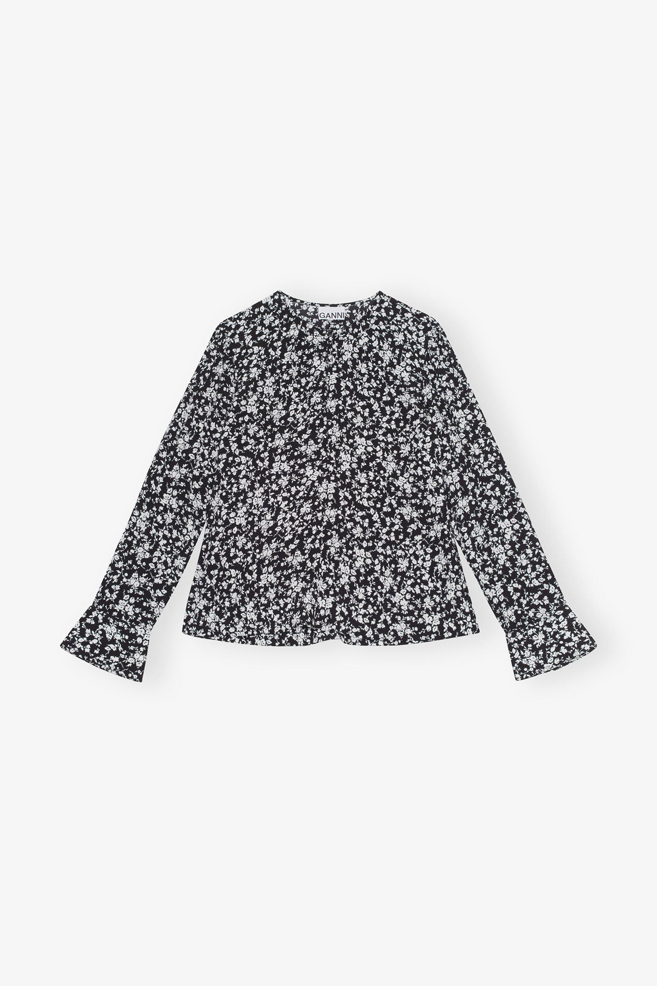 Printed Crepe O-neck Blouse | Black
