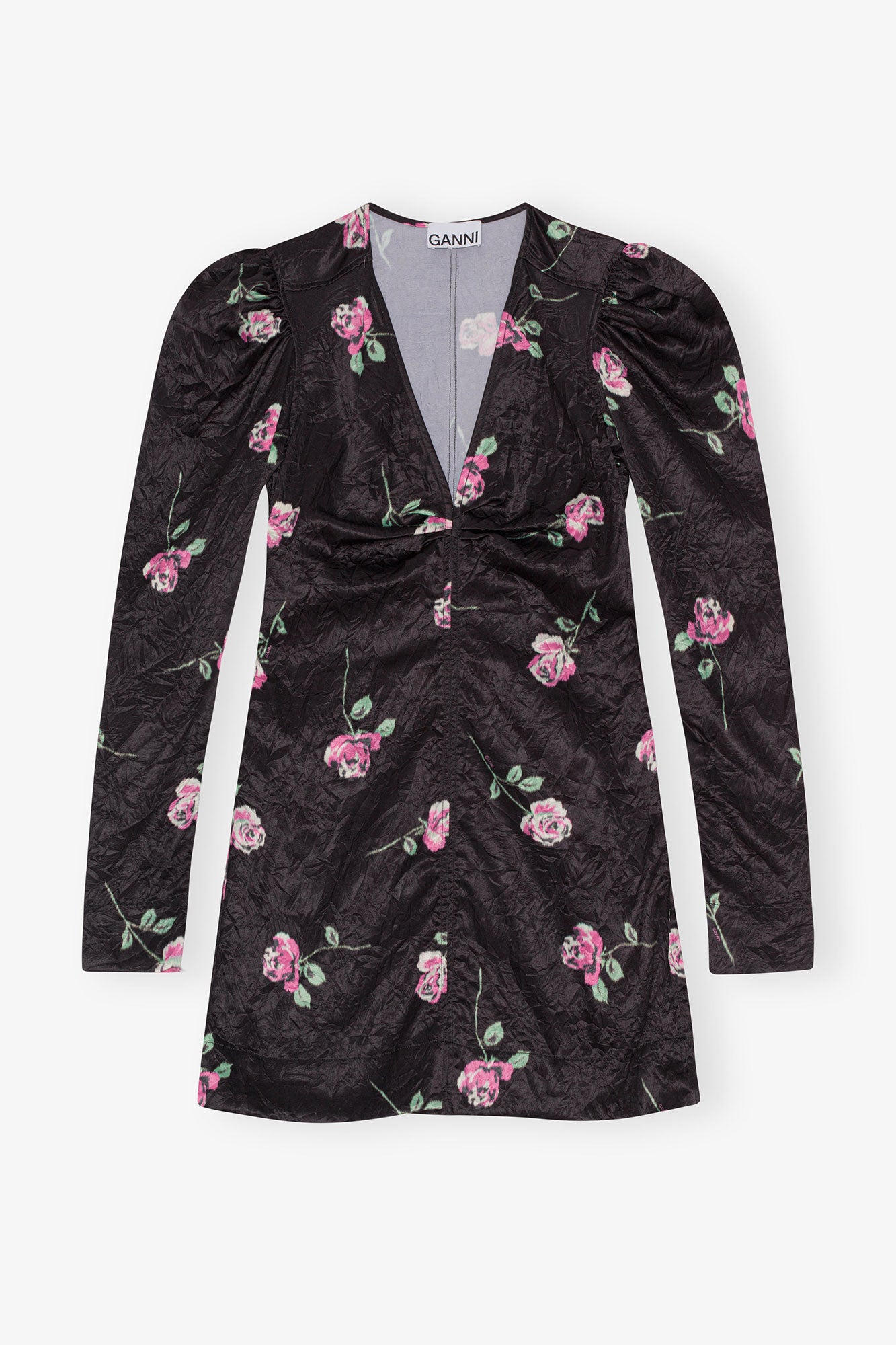 Crinkled Satin V-Neck Mini Dress | Black