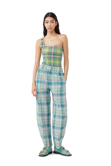 Seersucker Check Elasticated Mid Waist Pants | Lagoon