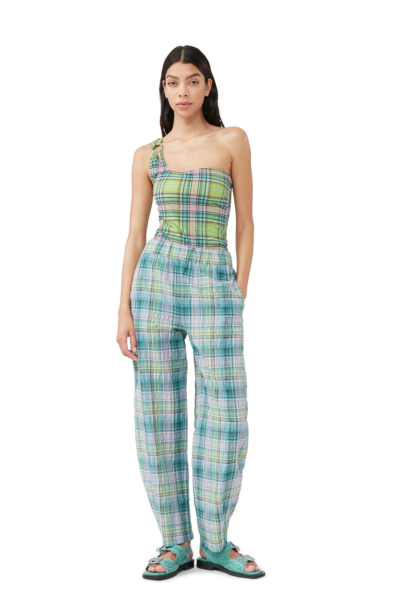Seersucker Check Elasticated Mid Waist Pants | Lagoon