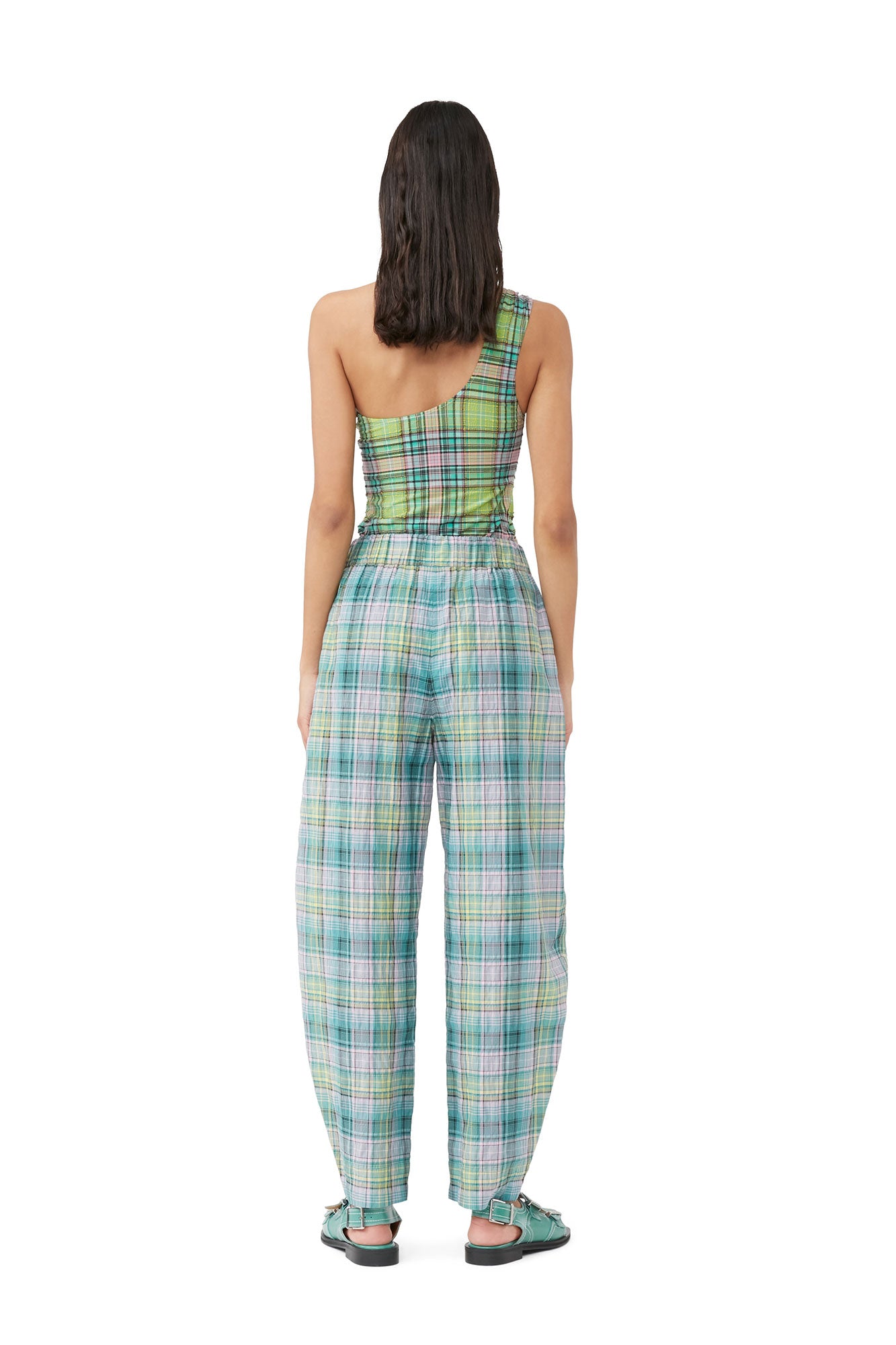 Seersucker Check Elasticated Mid Waist Pants | Lagoon