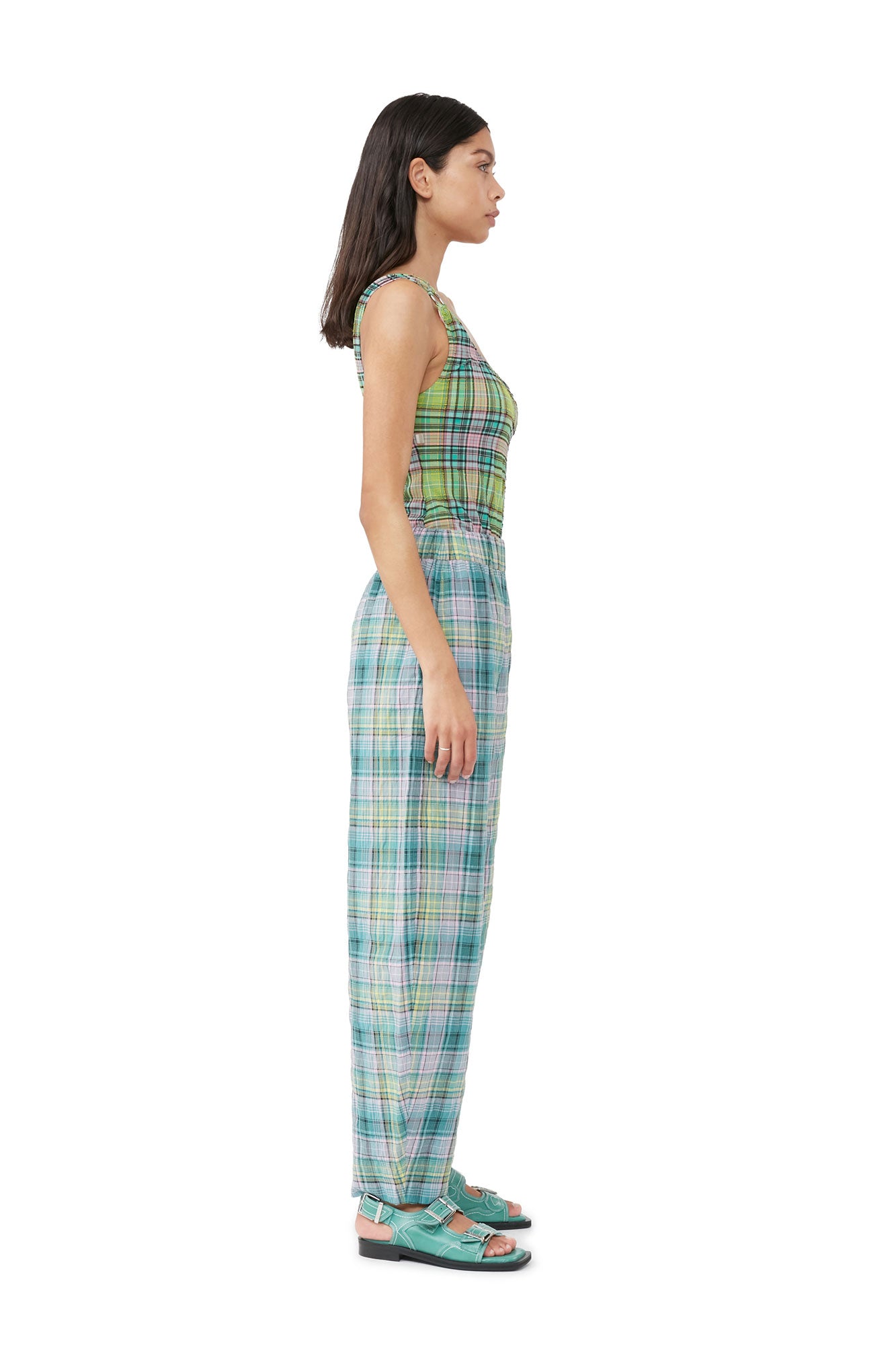 Seersucker Check Elasticated Mid Waist Pants | Lagoon