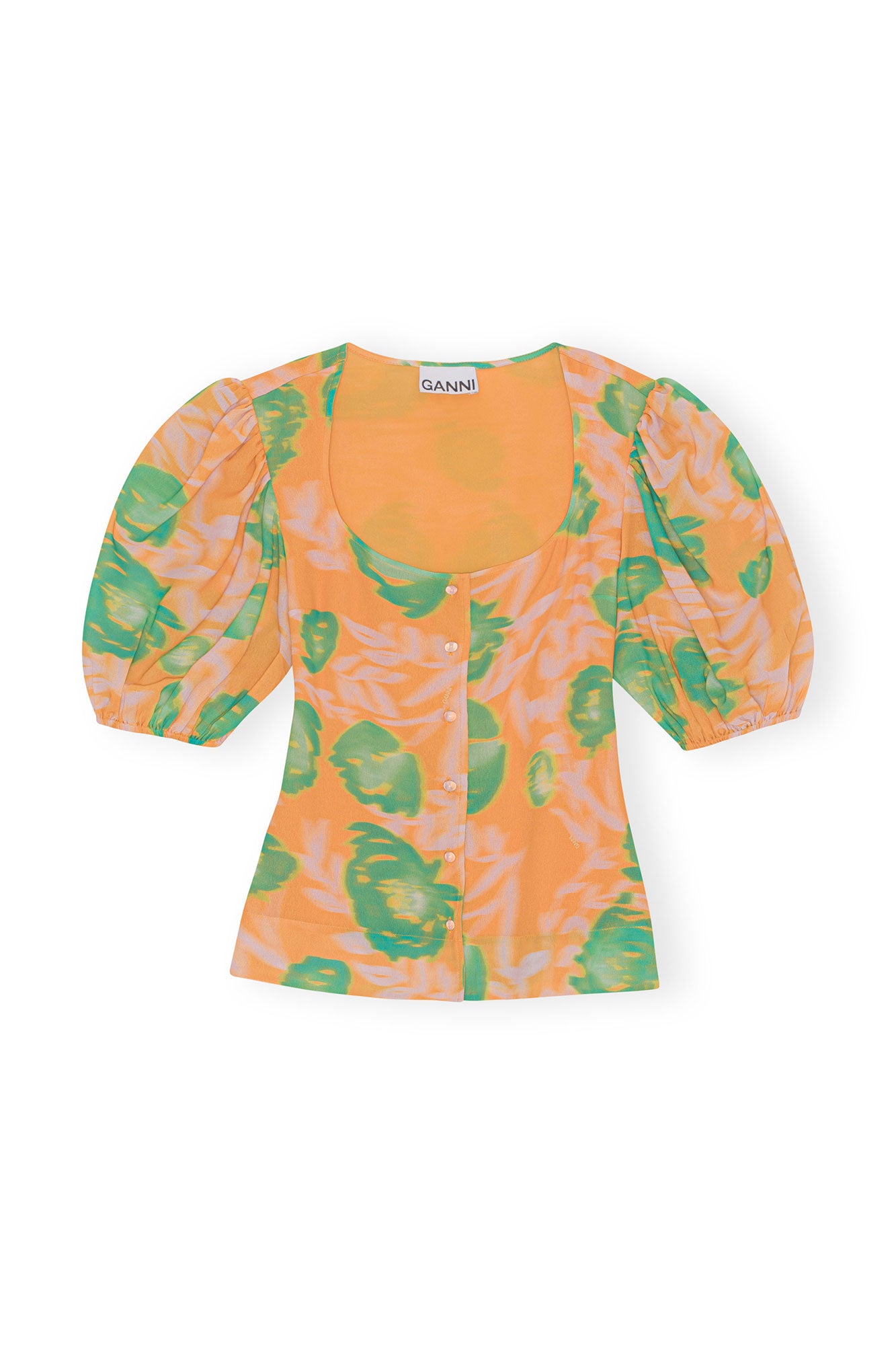 Printed Light Crepe Button Down Blouse | Vibrant Orange