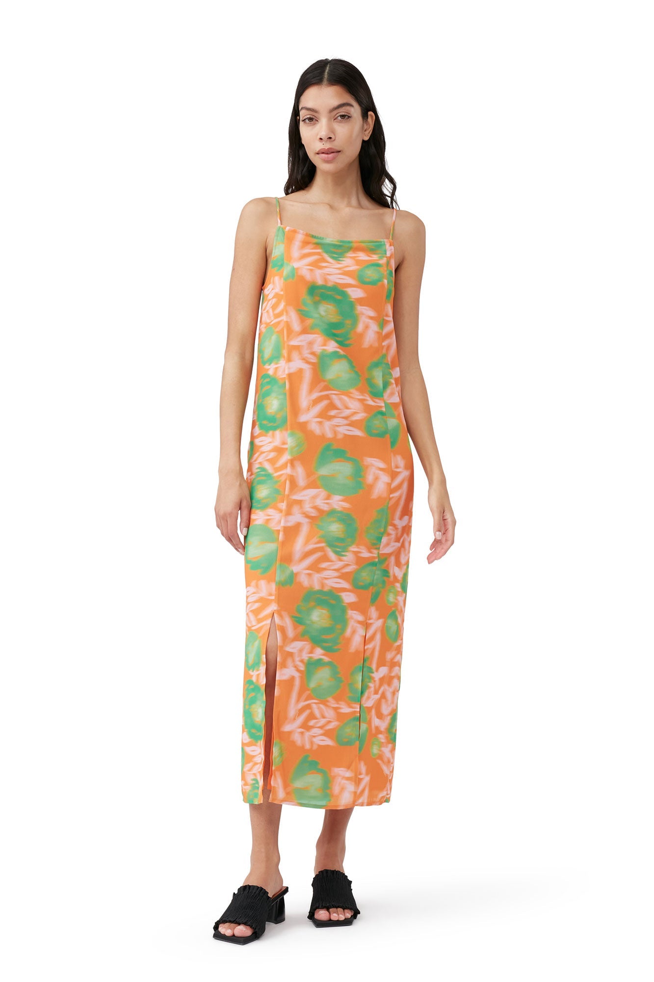 Printed Light Crepe Slip Dress | Vibrant Orange