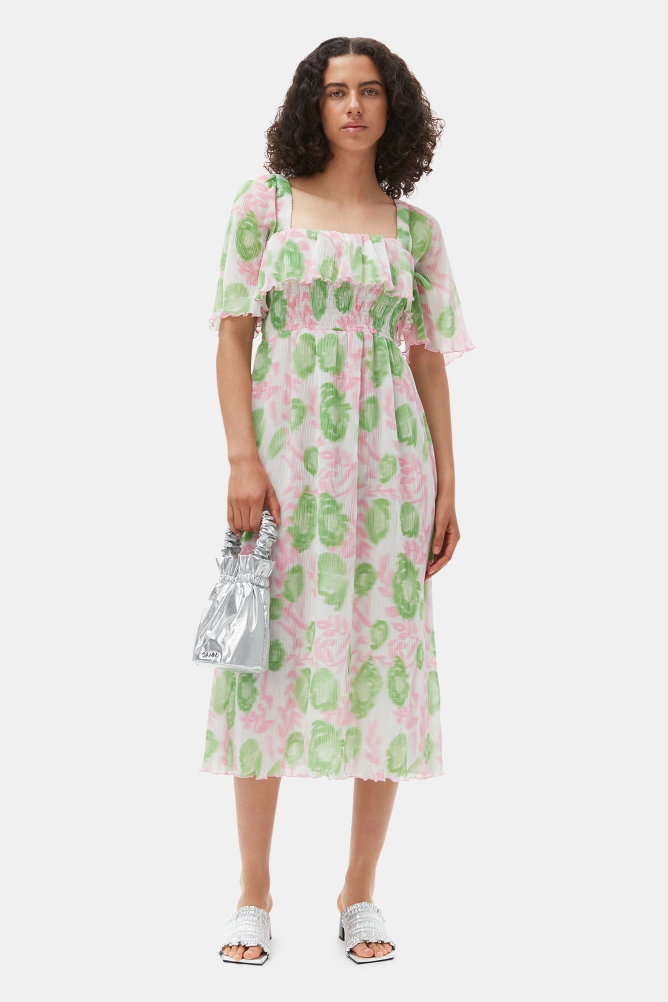 Pleated Georgette Midi Smock Dress | Pink Tulle