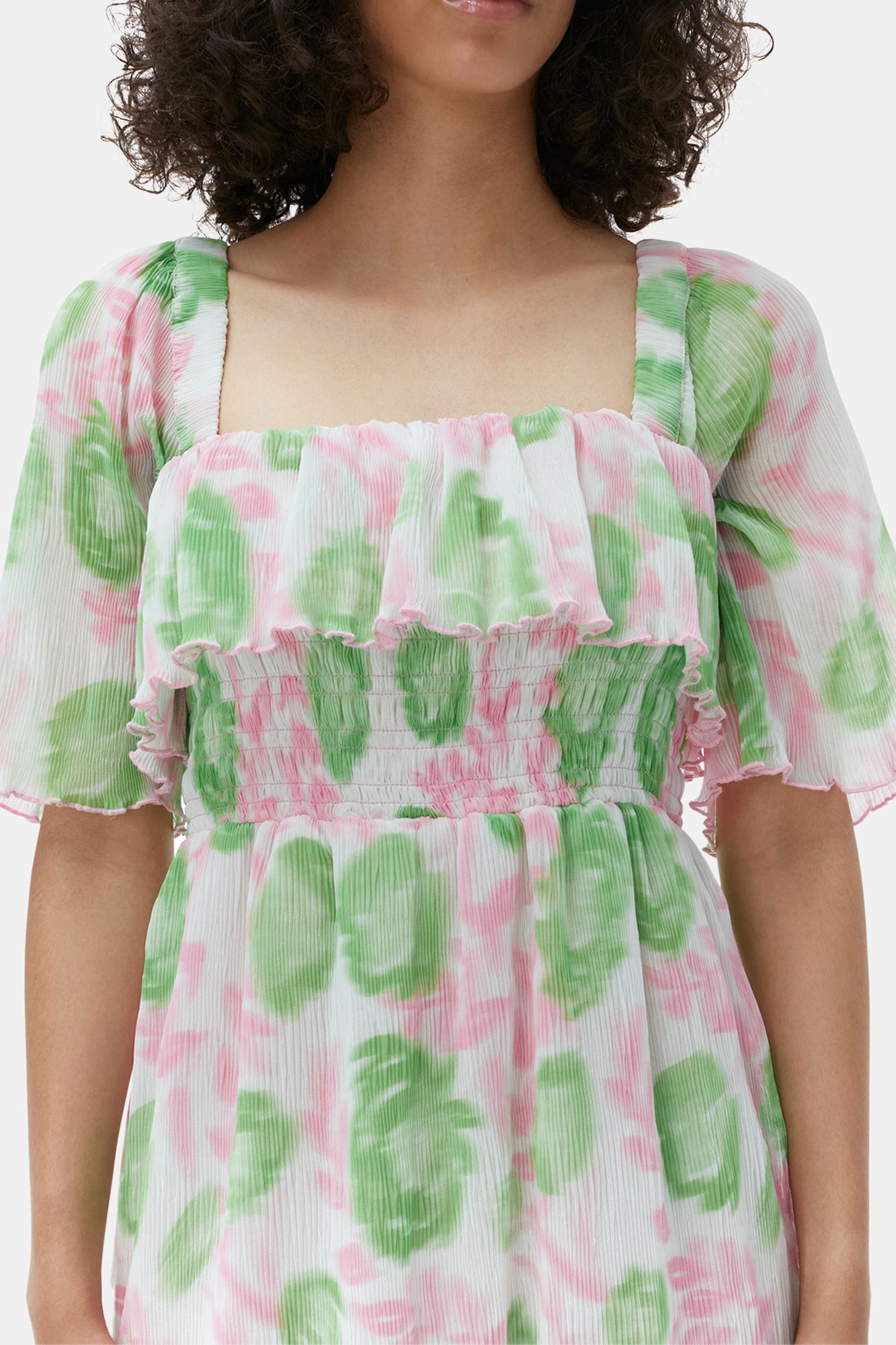 Pleated Georgette Midi Smock Dress | Pink Tulle