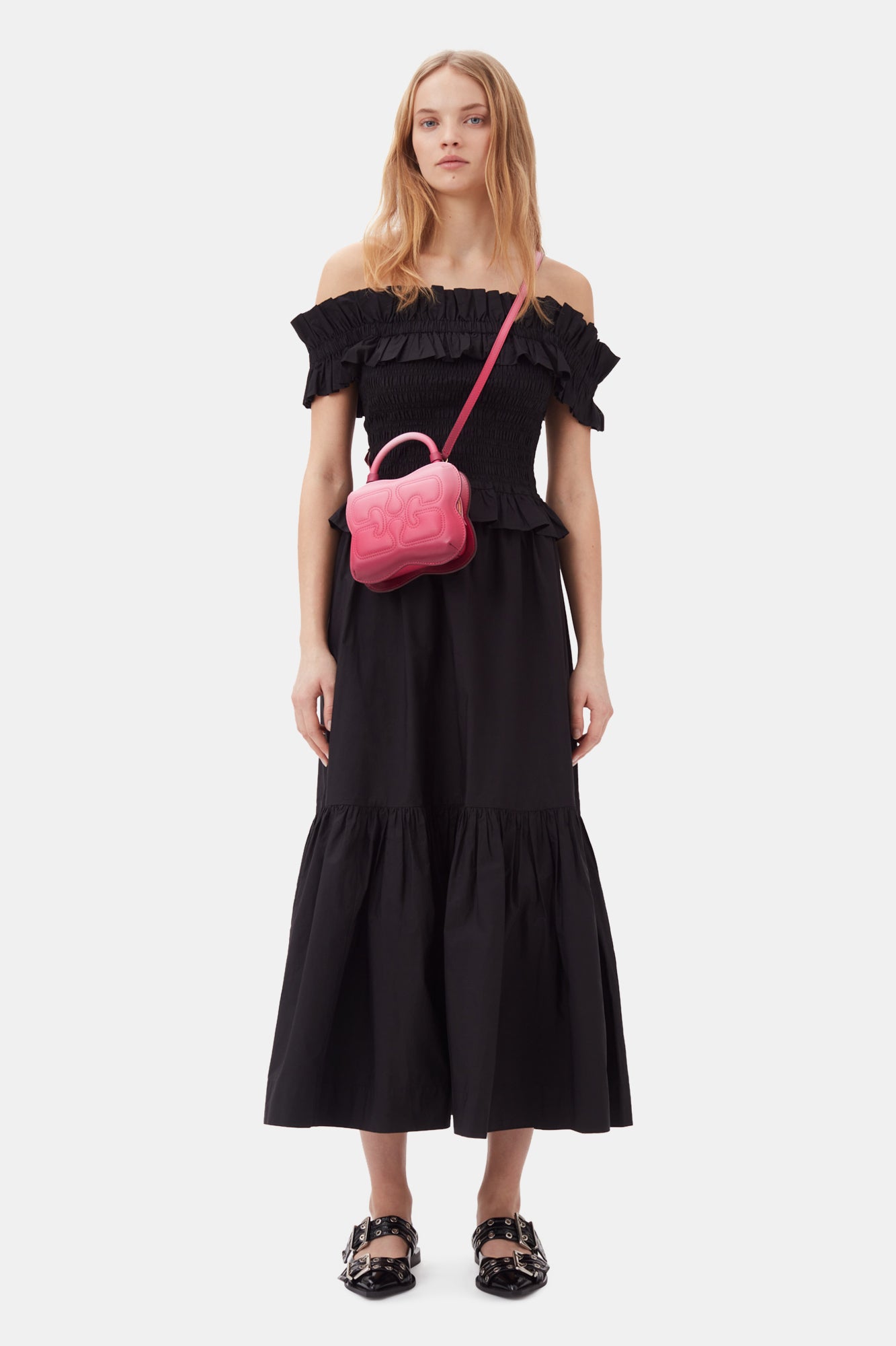 Cotton Poplin Maxi Flounce Skirt | Black