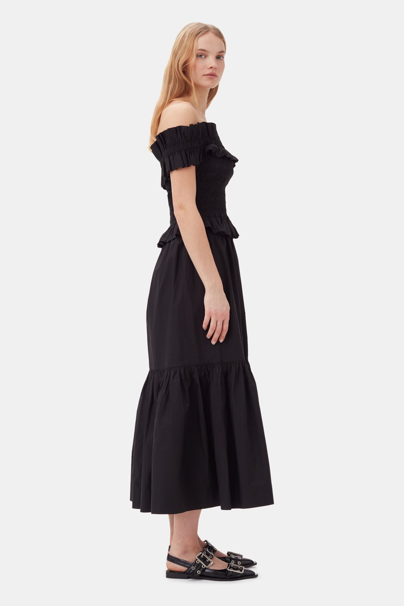 Cotton Poplin Maxi Flounce Skirt | Black