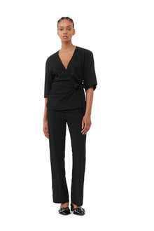 Stretch Seersucker Wrap Blouse | Black