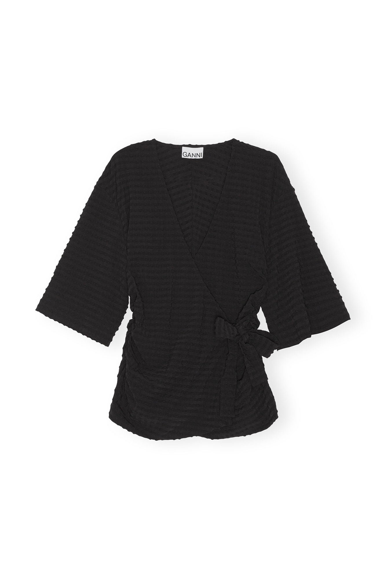 Stretch Seersucker Wrap Blouse | Black