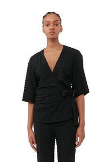 Stretch Seersucker Wrap Blouse | Black