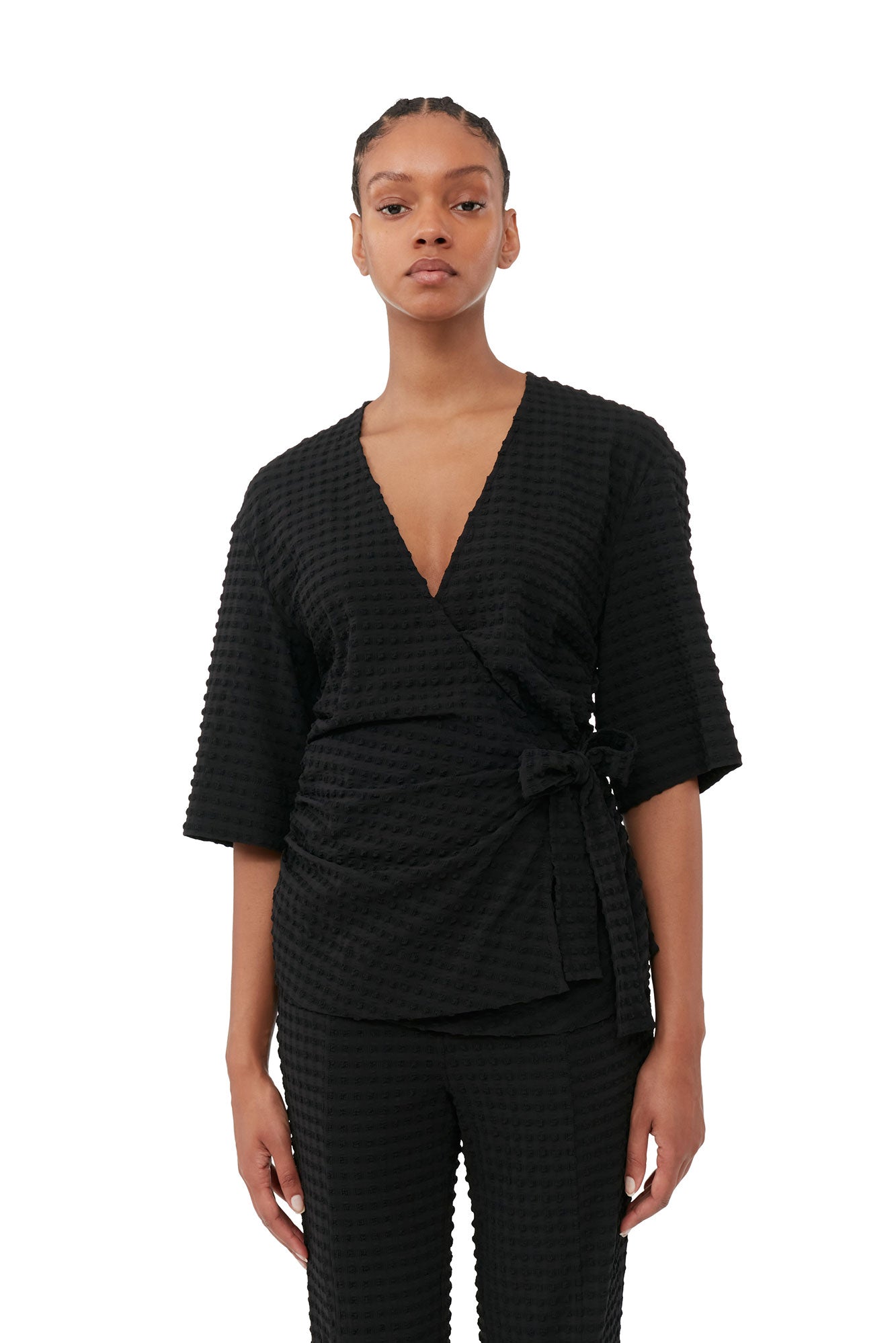 Stretch Seersucker Wrap Blouse | Black