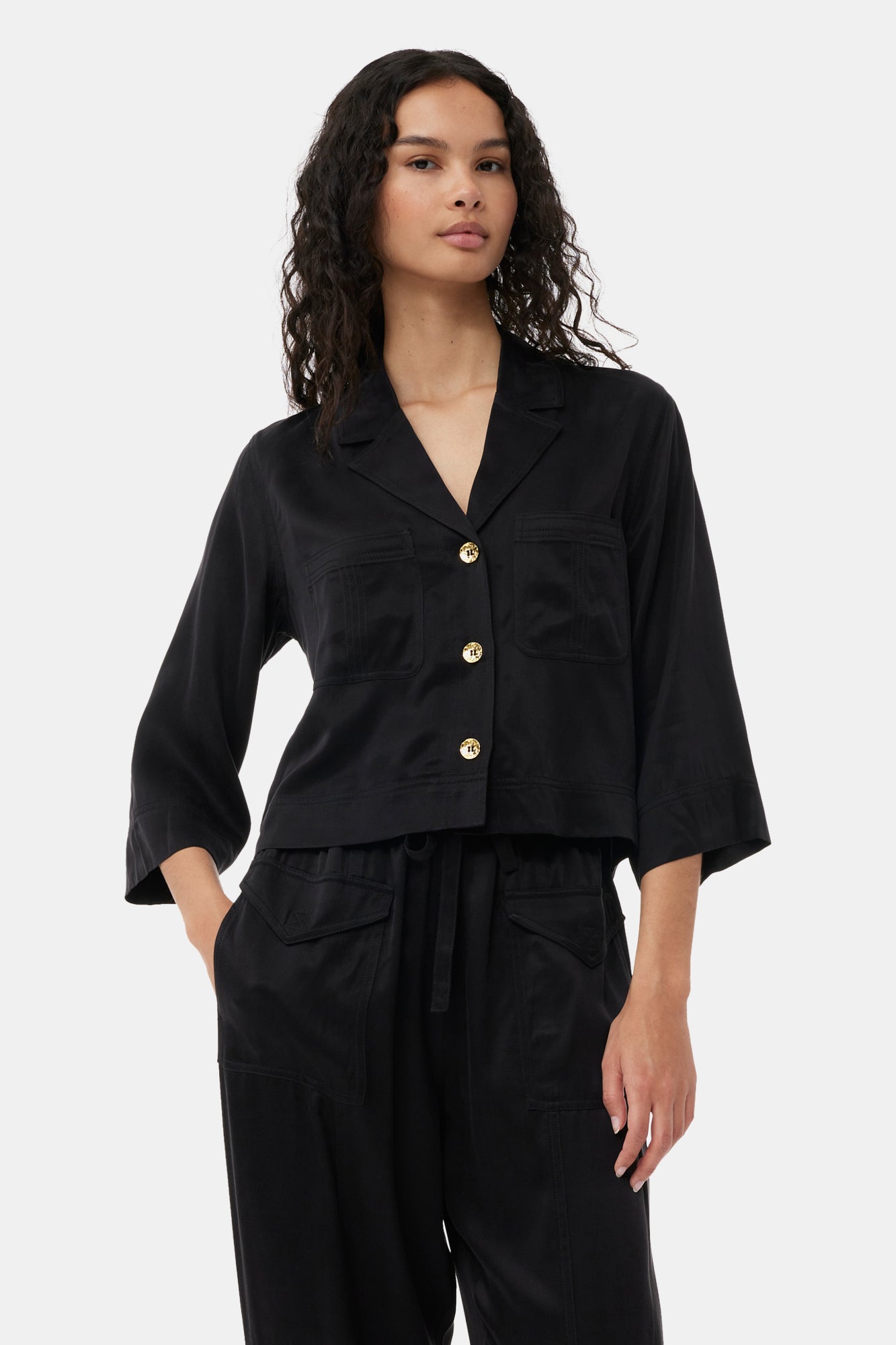 Washed Satin Crop Shirt | Black