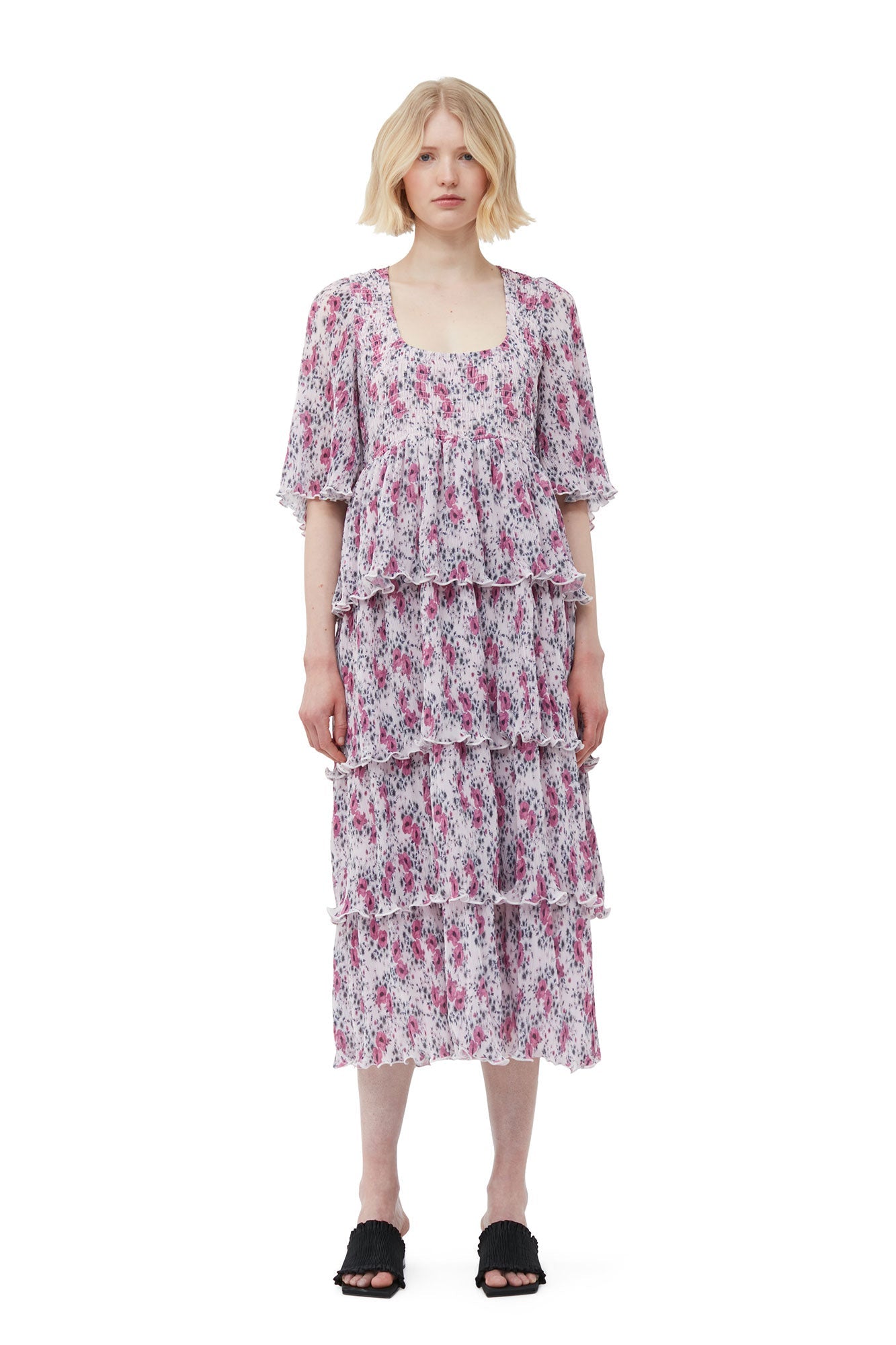 Pleated Georgette Flounce Smock Midi Dress | Mauve Chalk