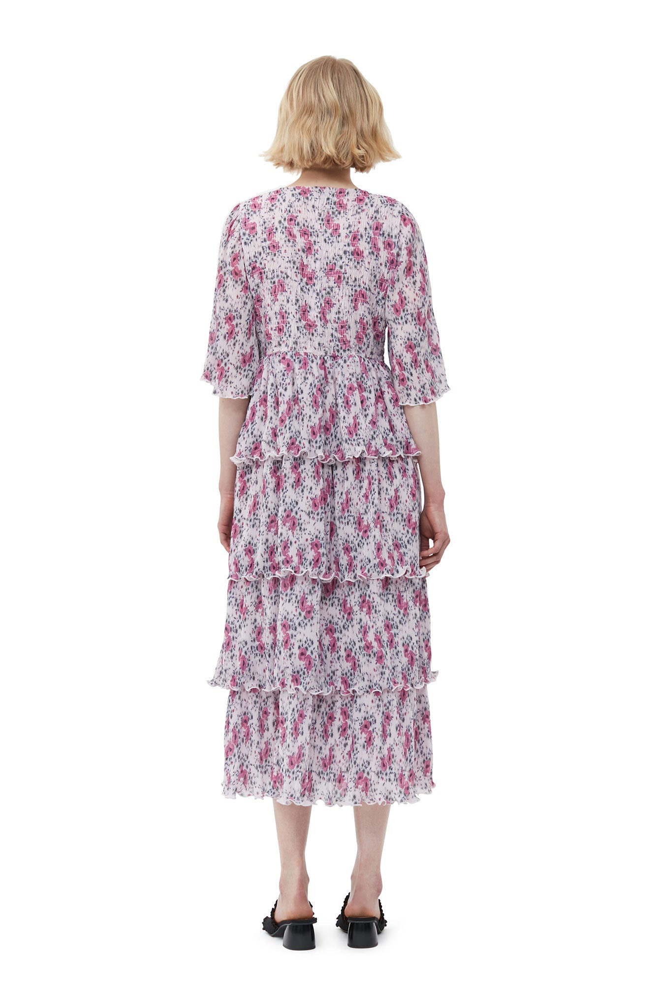 Pleated Georgette Flounce Smock Midi Dress | Mauve Chalk