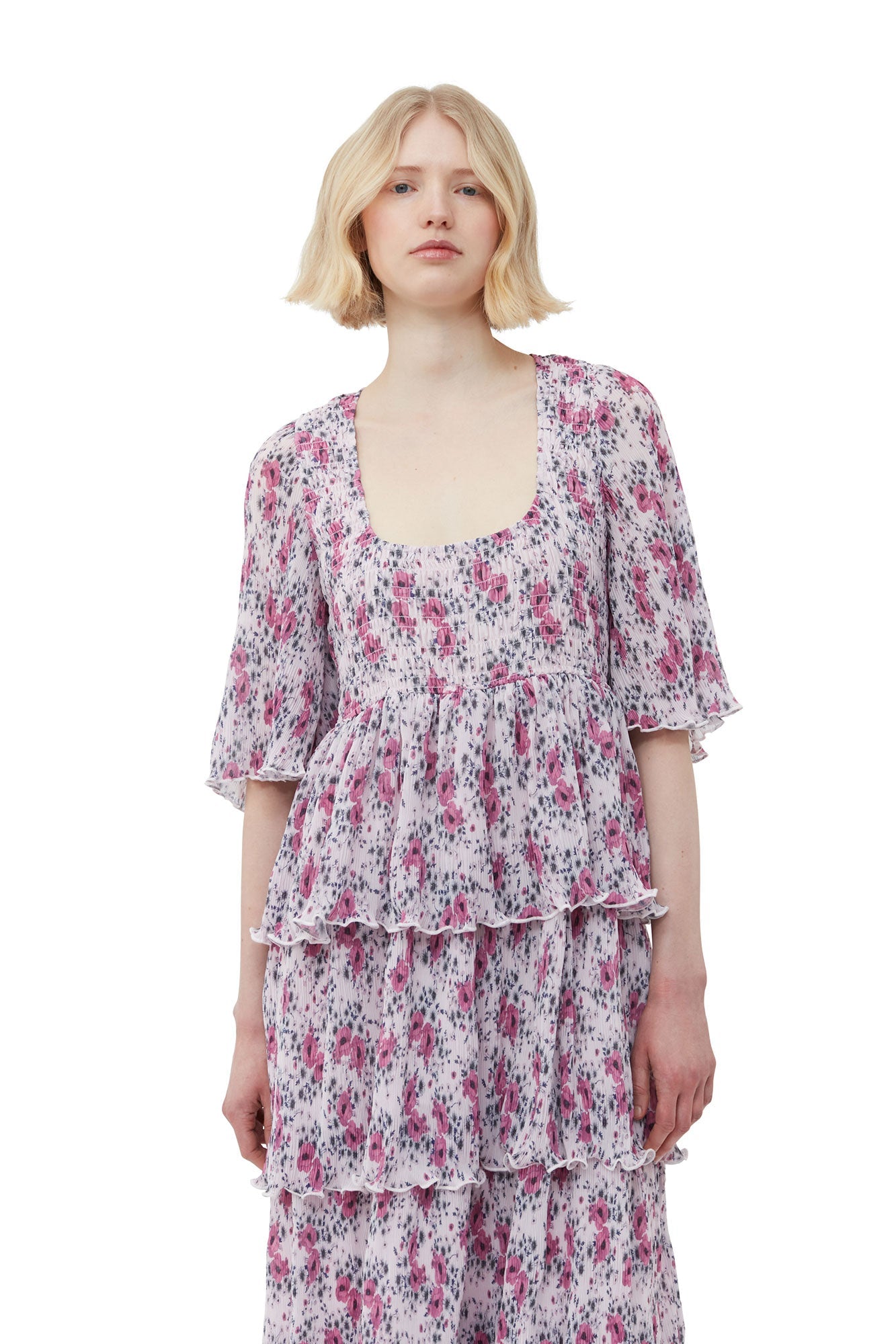 Pleated Georgette Flounce Smock Midi Dress | Mauve Chalk