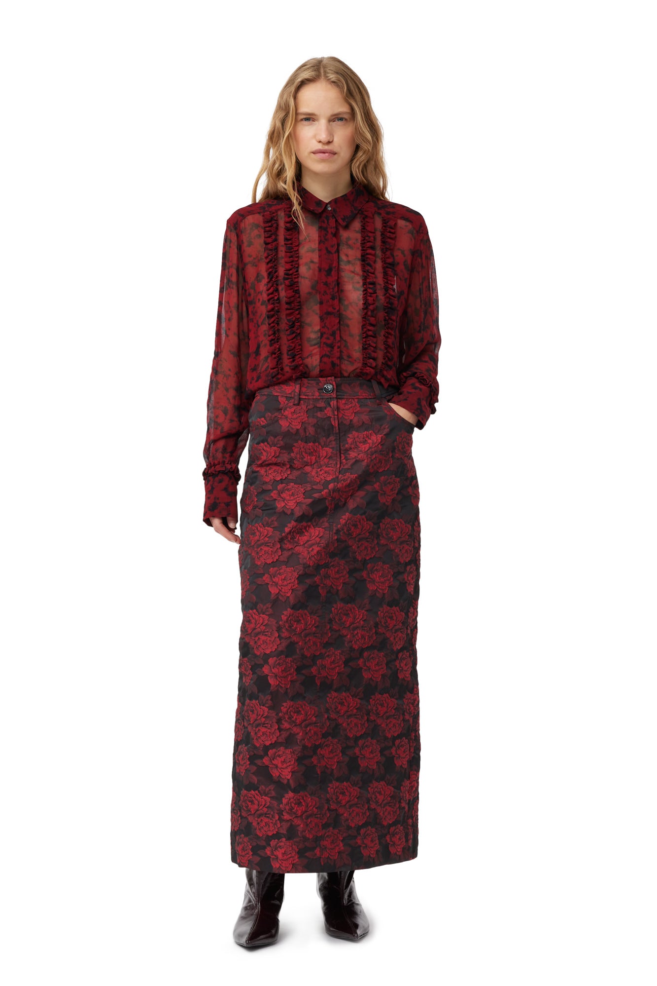 Botanical Jacquard Long Skirt | High Risk Red