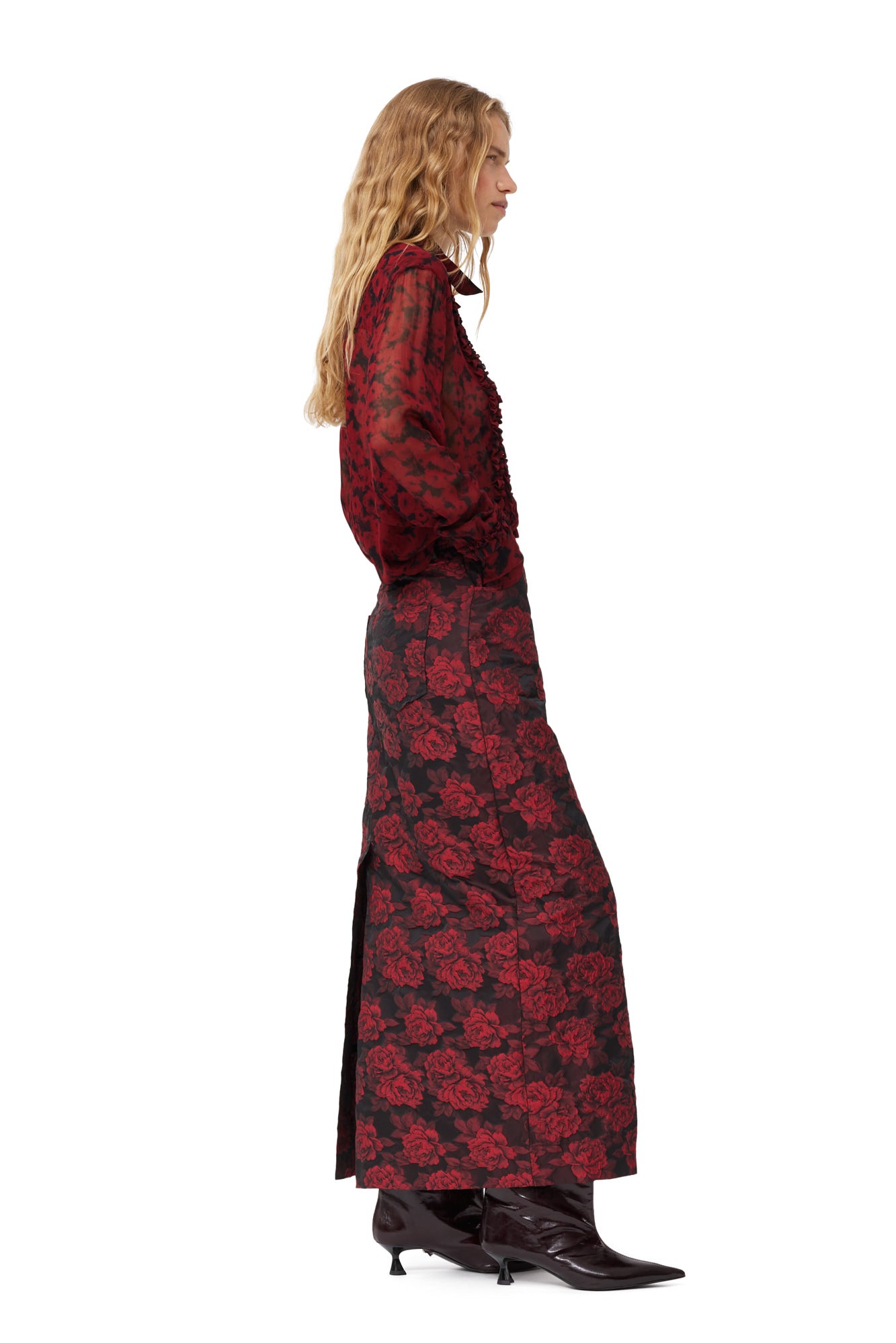 Botanical Jacquard Long Skirt | High Risk Red