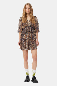 Leopard Pleated Georgette V-Neck Flounce Mini Dress | Almond Milk