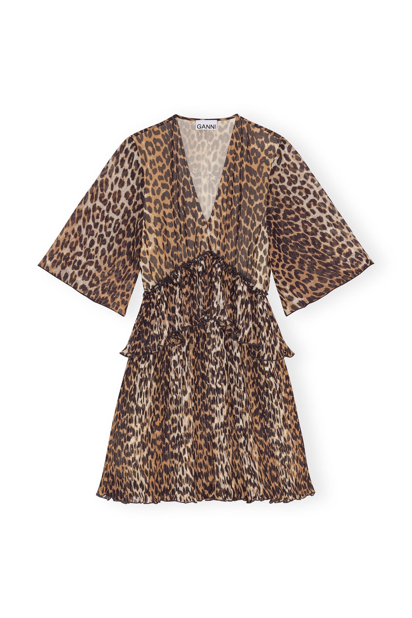 Leopard Pleated Georgette V-Neck Flounce Mini Dress | Almond Milk
