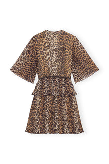 Leopard Pleated Georgette V-Neck Flounce Mini Dress | Almond Milk