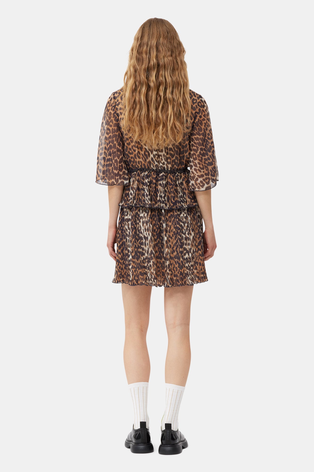 Leopard Pleated Georgette V-Neck Flounce Mini Dress | Almond Milk