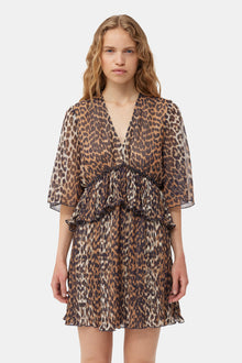 Leopard Pleated Georgette V-Neck Flounce Mini Dress | Almond Milk