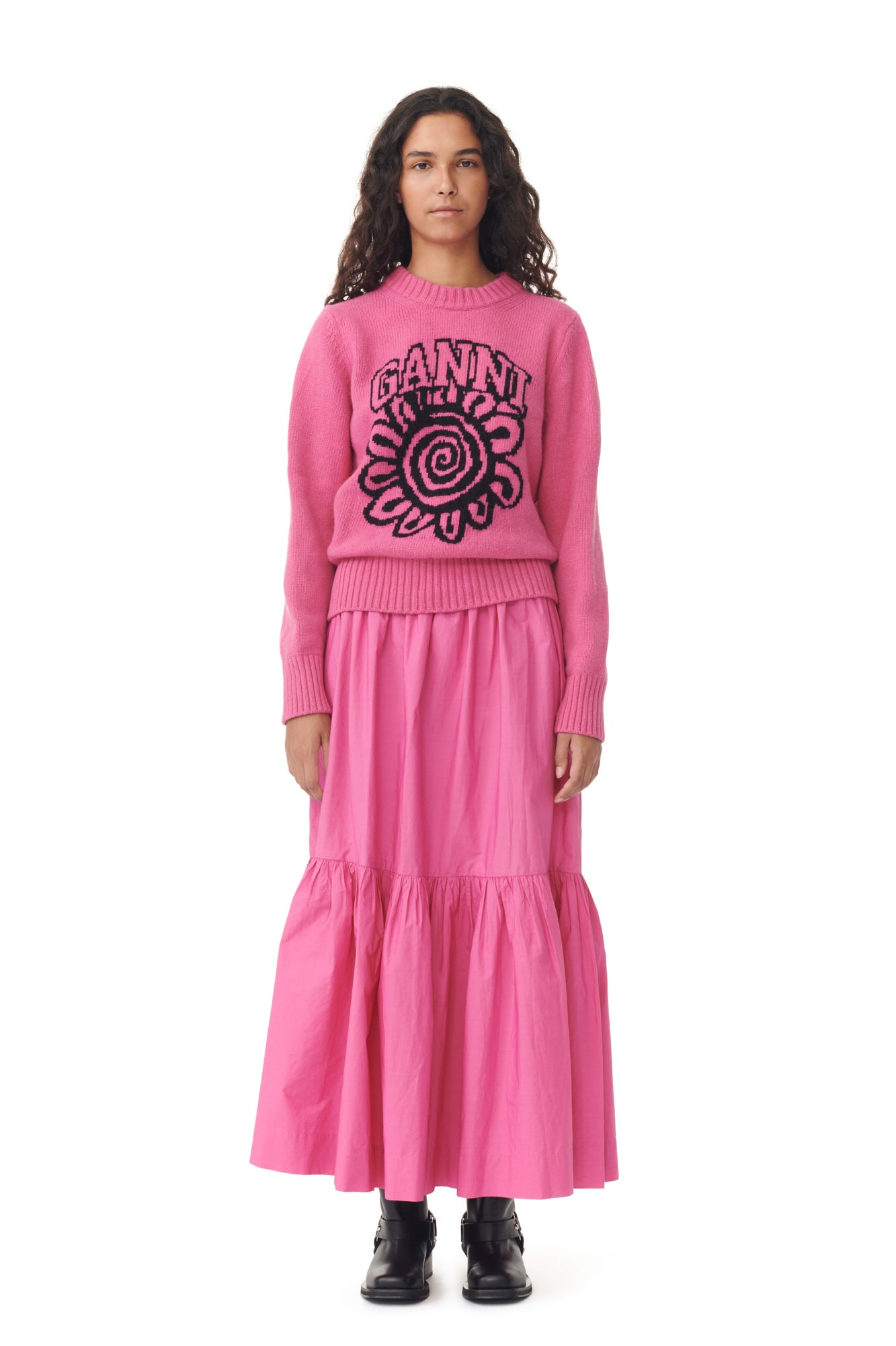 Cotton Poplin Long Flounce Skirt | Cone Flower