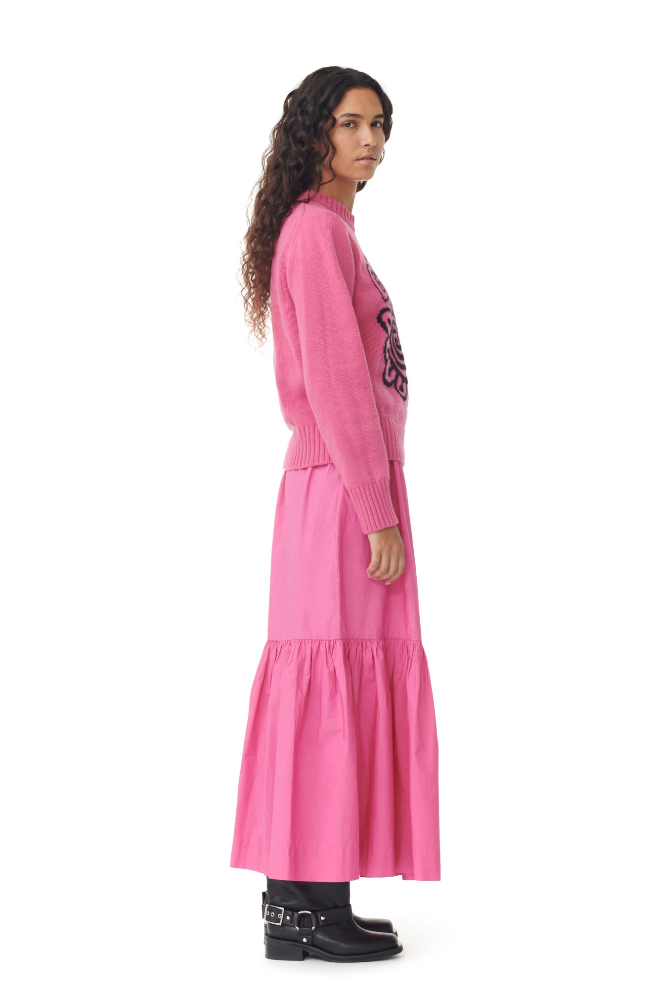 Cotton Poplin Long Flounce Skirt | Cone Flower
