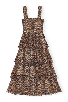 Leopard Pleated Georgette Flounce Smock Midi Dress | Almond Milk