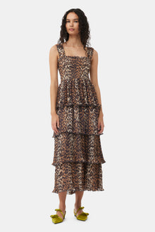 Leopard Pleated Georgette Flounce Smock Midi Dress | Almond Milk