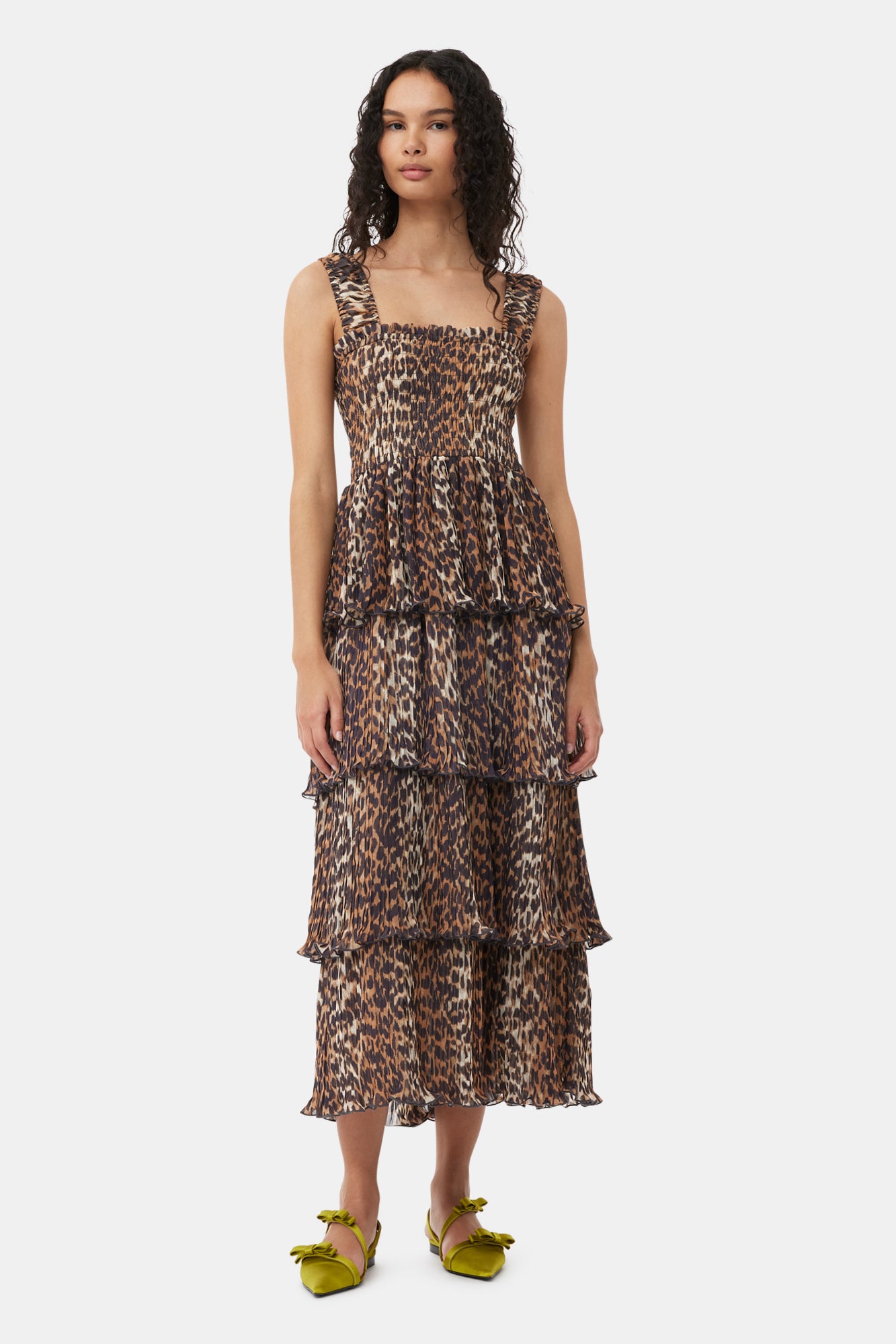 Leopard Pleated Georgette Flounce Smock Midi Dress | Almond Milk