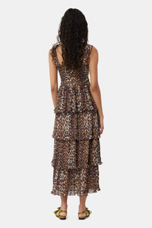 Leopard Pleated Georgette Flounce Smock Midi Dress | Almond Milk