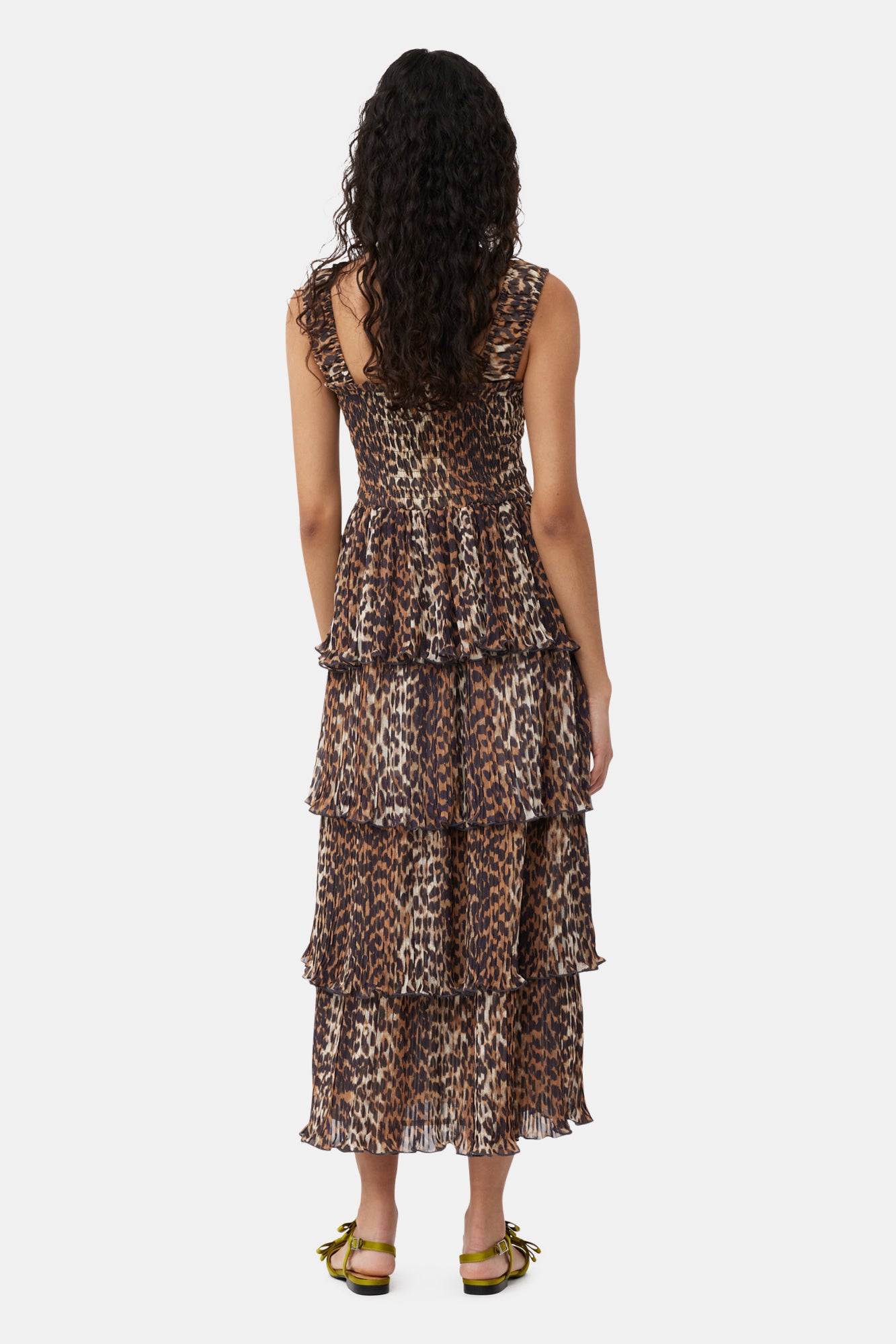Leopard Pleated Georgette Flounce Smock Midi Dress | Almond Milk