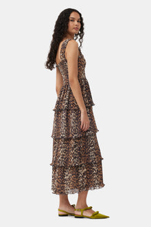 Leopard Pleated Georgette Flounce Smock Midi Dress | Almond Milk