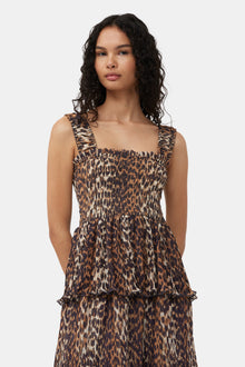 Leopard Pleated Georgette Flounce Smock Midi Dress | Almond Milk