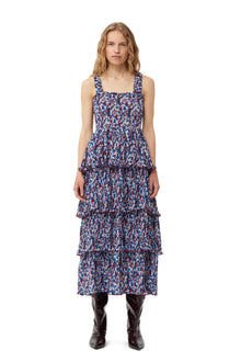 Pleated Georgette Flounce Smock Midi Dress | Multicolor
