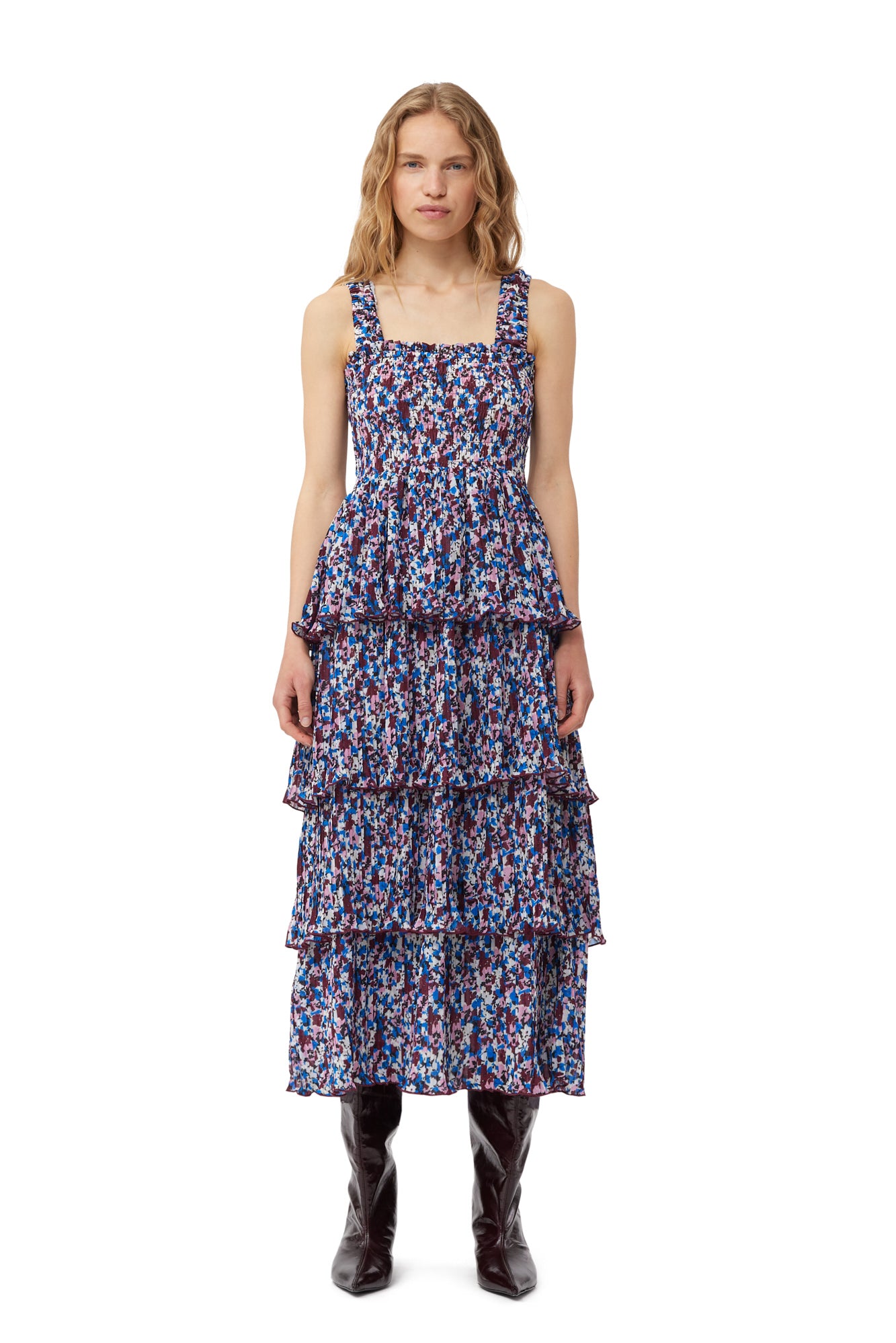Pleated Georgette Flounce Smock Midi Dress | Multicolor