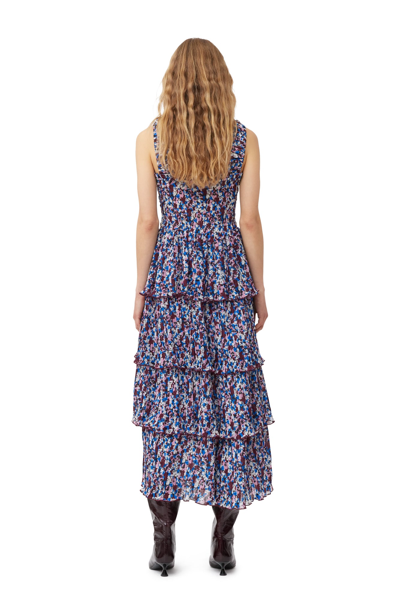 Pleated Georgette Flounce Smock Midi Dress | Multicolor