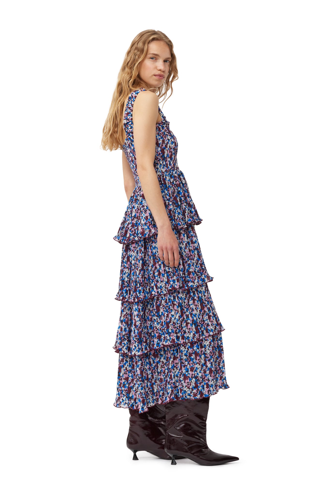 Pleated Georgette Flounce Smock Midi Dress | Multicolor