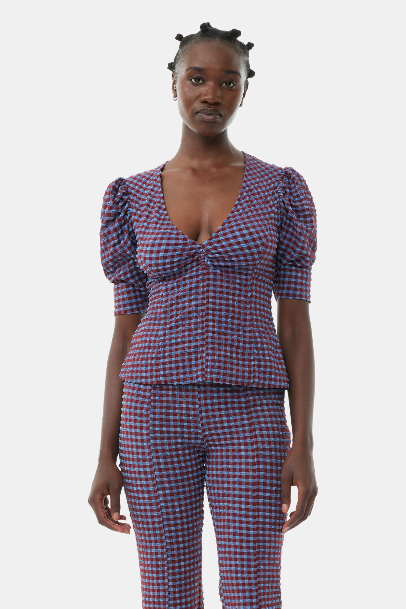 Checkered Stretch Seersucker Frill Trousers | Racing Red