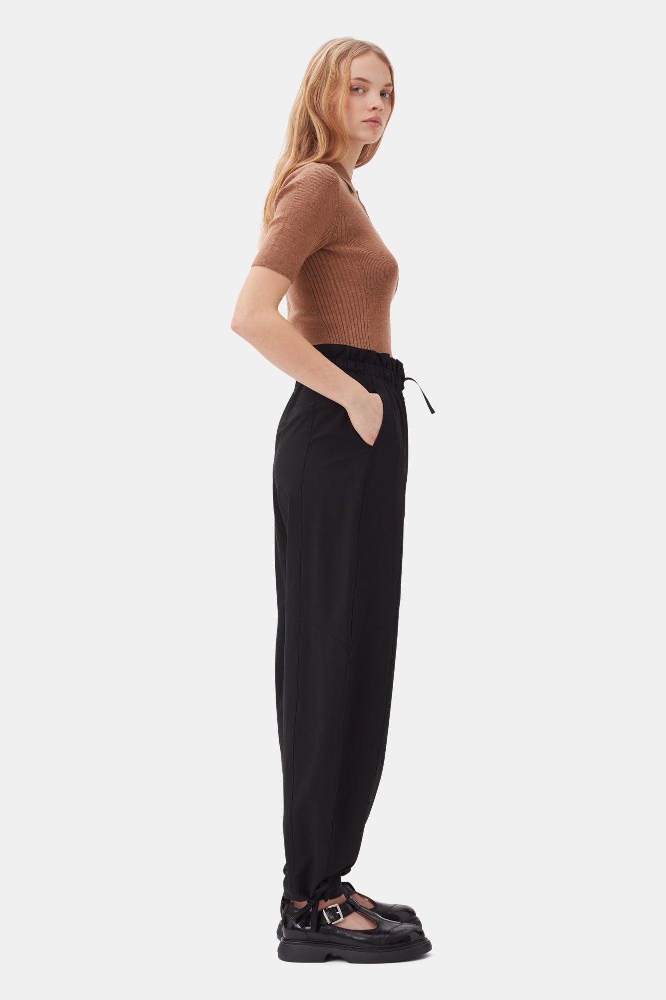 Drapey Melange Elasticated Waist Trousers | Black