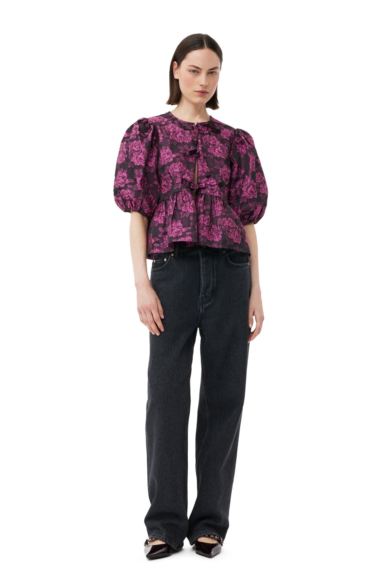 Botanical Jacquard Peplum Blouse | Cone Flower