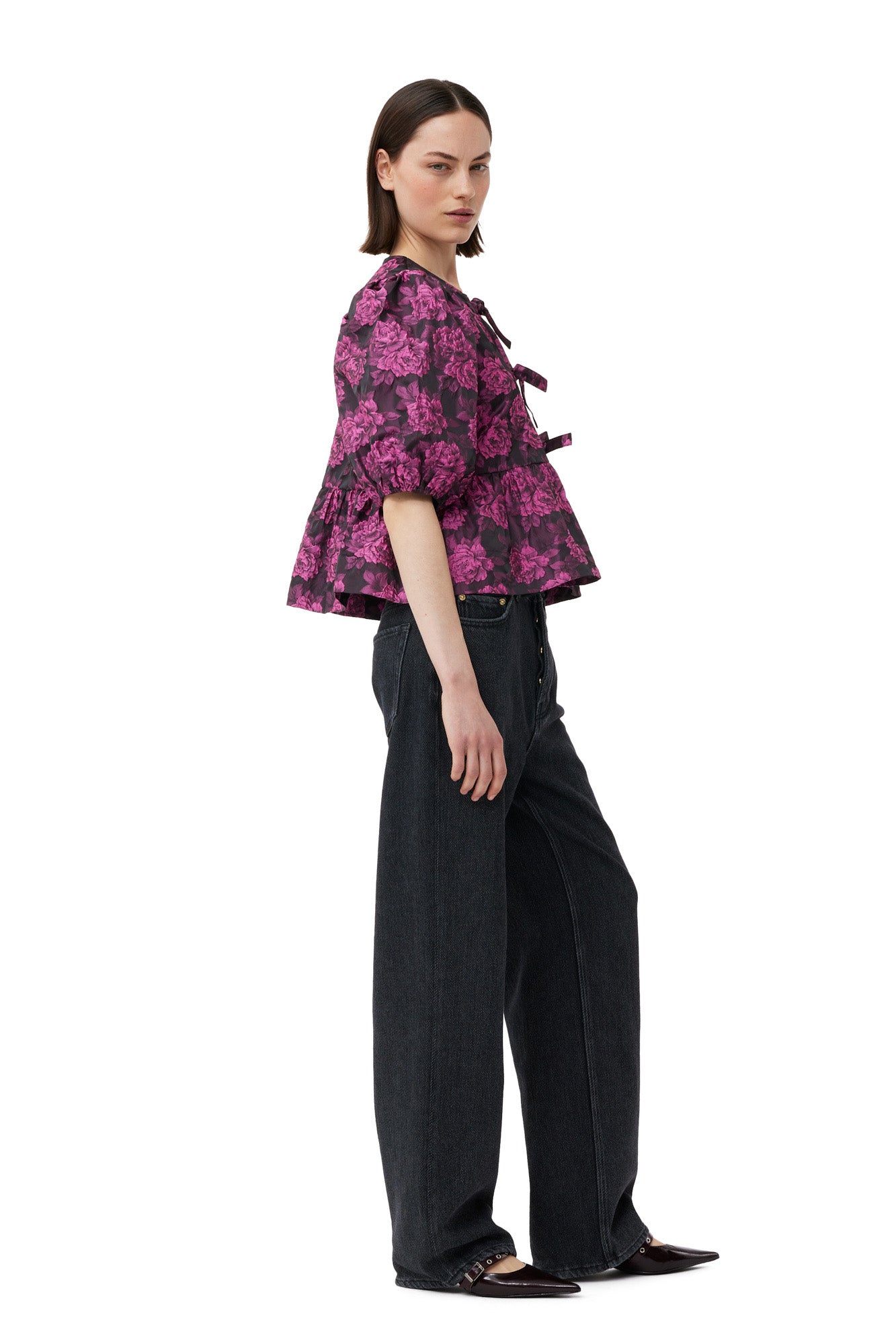 Botanical Jacquard Peplum Blouse | Cone Flower