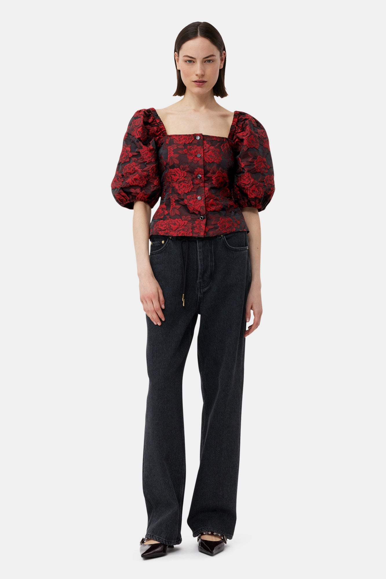 Botanical Jacquard Fitted Blouse | High Risk Red